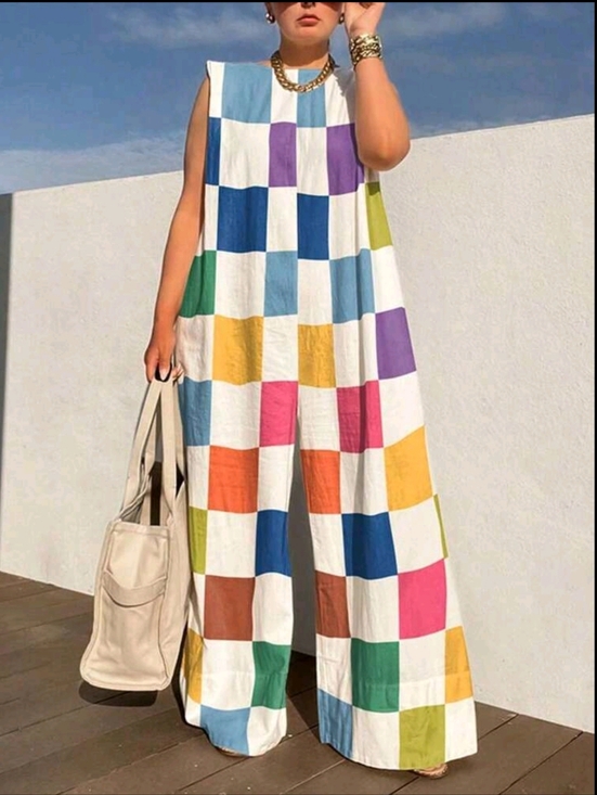Pants - Women's Casual Colorful Plaid Sleeveless Jumpsuit For Resort Summer Elegant